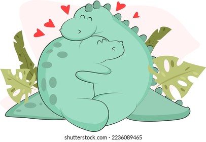 two cute dinosaurs hugging in the jungle