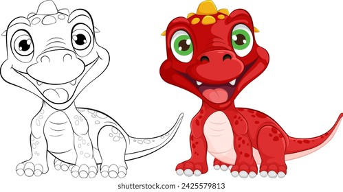 Two cute dinosaurs, one colored and one outlined.