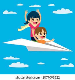 Two cute diverse children flying on paper plane