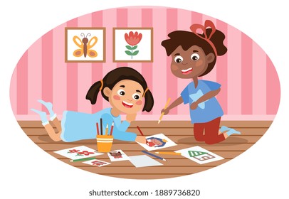 Two cute diverse multiracial little girls drawing indoors. Flat cartoon colorful vector illustration with fictional characters.