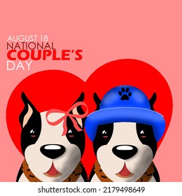 Two Cute Dog Couple Wearing Blue Hats And Pink Ribbons With Red Hearts On The Back And Bold Text On Pink Background, National Couple's Day – August 18