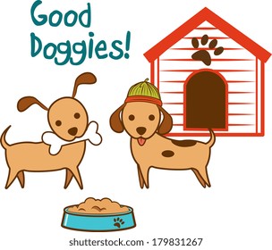 Two cute dogs with dog house, bone and food bowl. EPS10