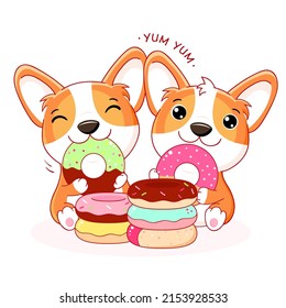 Two cute dogs with donuts. Inscription Yum yum. Kawaii corgi puppy are happy to eat donut. Friends have picnic. Vector illustration EPS8