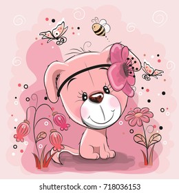 Two Cute Dogs with flowers on a pink background