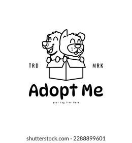 Two cute dogs line art in a box with a hug silhouette on the box for an animal adoption logo business