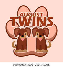 Two cute dogs look alike with paws icon behind them, with bold text on light brown background to celebrate National Twins Day on August