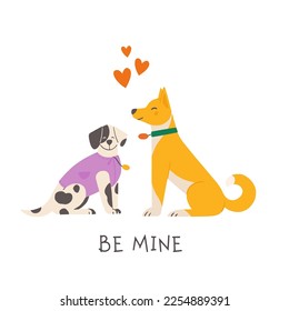 Two cute dogs in love sitting together with hearts floating. "Be mine" Valentine's day pets card design. Hand drawn vector illustration.