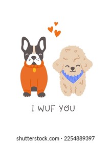 Two cute dogs in love sitting together with hearts floating. Valentine's day pets card design. Hand drawn vector illustration.