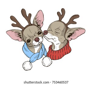 two cute dogs in New Year's costumes, pets chihuahua in deers costumes, christmas illustration, vector