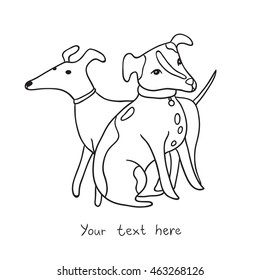 Two cute dogs outline black and white vector illustration.