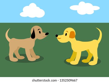 Two cute dogs playing outdoor on the green place vector illustration