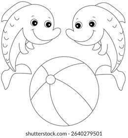Two cute dolphins and beach ball coloring page