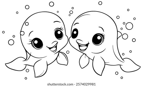 Two cute dolphins in kawaii style, drawn in black and white, with big eyes and happy smiles, surrounded by bubbles and water splashes. Perfect for children's coloring books or playful ocean-themed des