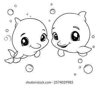 Two cute dolphins in kawaii style, drawn in black and white, with big eyes and happy smiles, surrounded by bubbles and water splashes. Perfect for children's coloring books or playful ocean-themed des