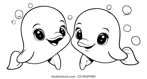 Two cute dolphins in kawaii style, drawn in black and white, with big eyes and happy smiles, surrounded by bubbles and water splashes. Perfect for children's coloring books or playful ocean-themed des