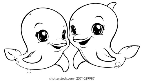 Two cute dolphins in kawaii style, drawn in black and white, with big eyes and happy smiles, surrounded by bubbles and water splashes. Perfect for children's coloring books or playful ocean-themed des