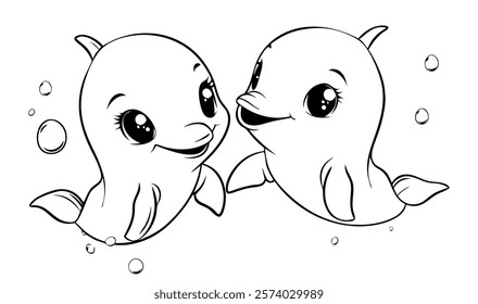 Two cute dolphins in kawaii style, drawn in black and white, with big eyes and happy smiles, surrounded by bubbles and water splashes. Perfect for children's coloring books or playful ocean-themed des