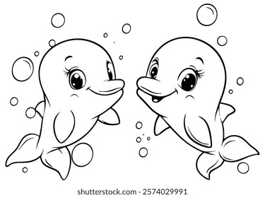 Two cute dolphins in kawaii style, drawn in black and white, with big eyes and happy smiles, surrounded by bubbles and water splashes. Perfect for children's coloring books or playful ocean-themed des