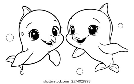 Two cute dolphins in kawaii style, drawn in black and white, with big eyes and happy smiles, surrounded by bubbles and water splashes. Perfect for children's coloring books or playful ocean-themed des