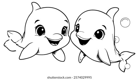 Two cute dolphins in kawaii style, drawn in black and white, with big eyes and happy smiles, surrounded by bubbles and water splashes. Perfect for children's coloring books or playful ocean-themed des