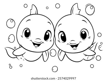 Two cute dolphins in kawaii style, drawn in black and white, with big eyes and happy smiles, surrounded by bubbles and water splashes. Perfect for children's coloring books or playful ocean-themed des