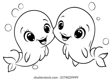 Two cute dolphins in kawaii style, drawn in black and white, with big eyes and happy smiles, surrounded by bubbles and water splashes. Perfect for children's coloring books or playful ocean-themed des