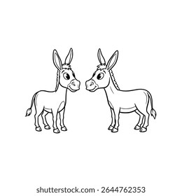 Two cute donkeys standing face to face in cartoon style, hand-drawn outline. Vector Illustration