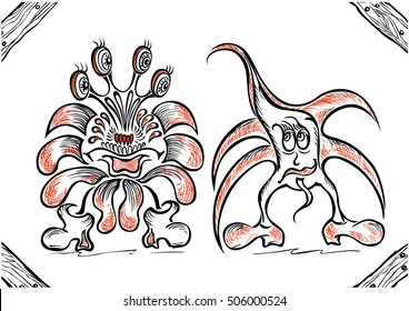two cute doodle fantasy monster personage