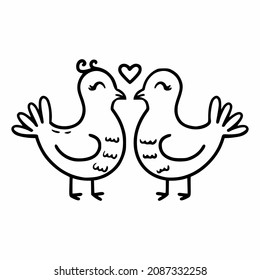 Two cute doodle pigeons. Birds and kiss. Vector icon doves. Decorative element of wedding card. Sticker for Valentine Day.