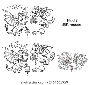 Zwei süße Drachen mit chinesischen Laternen. Finde 7 Unterschiede. Aufgaben für Kinder. Vektorillustration