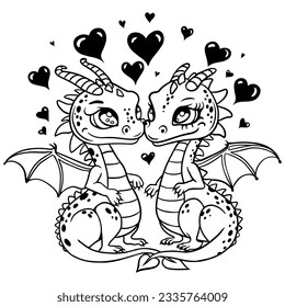 Two cute dragons, couple of mythical creatures in love.Cute cartoon couple of dragons. Vector illustration on a white background with hearts.For Print, Vinyl Cutting, Scrapbooking, Sticker, T shirt svg