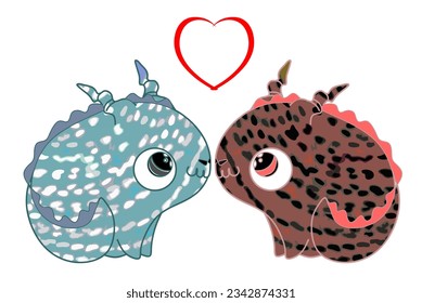 Two cute dragons in love with a heart. Color. Vector.