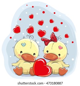 Two Cute Ducks with heart on a hearts background