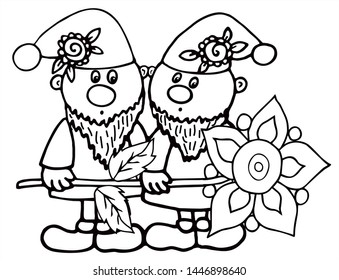 Two cute dwarfs are holding a big flower. Black and white vector for coloring, for card or gift.