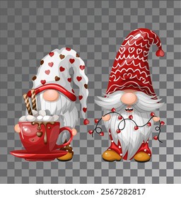Two cute dwarves with hearts and cups of coffee. Isolate on a white background. hand drawn vector illustration