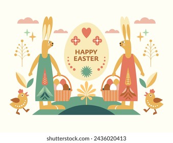 Two Cute Easter bunnies with basket and easter eggs. Happy Easter card design, trendy geometric style