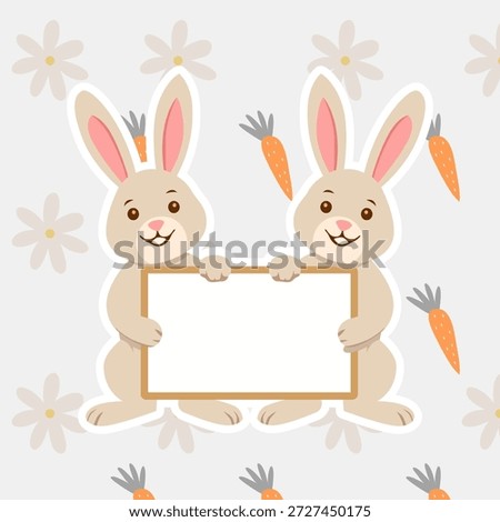 Two Cute Easter Bunnies Holding a Blank Sign with Carrots and Flowers