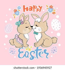 Two cute Easter bunnies and the inscription Happy Easter on a pink background. Vector greeting card