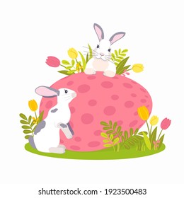 Two cute Easter bunnies are sitting next to a painted egg. Spring holiday vector illustration with flowers. Isolated on a white background. happy Easter.