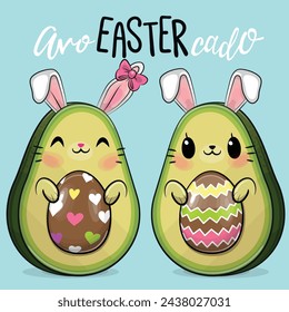 Dos lindos aguacates de dibujos animados de Pascua con hoyos de huevo