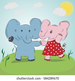two cute elephants dance on the meadow