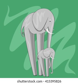Two cute elephants isolated on green background. Vector illustration. 