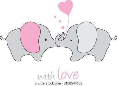 Two cute elephants in love with hearts and a balloon. Vector