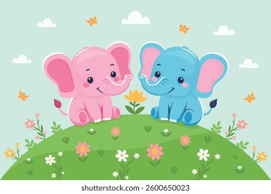 Two Cute Elephants on Hill with Flowers and Butterflies Flat Vector Illustration