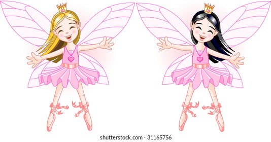 Two cute fairies ballerinas, blond and brunette, flying