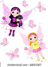Two cute fairies   blond and brunette, flying with butterflies