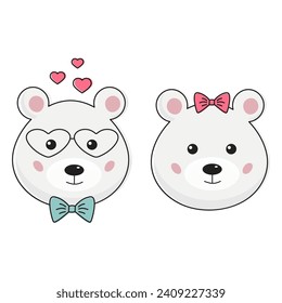 Two cute fall in love pollar teddy bears. Funny cartoon kawaii romantic couple of white bears. Perfect for Valentines Day card, tag, poster.