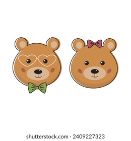 Two cute fall in love teddy bears. Funny cartoon kawaii romantic couple of bear. Perfect for Valentines Day card, tag, poster.