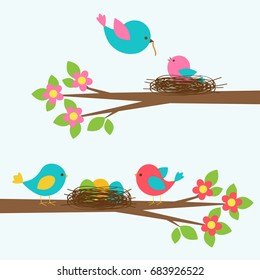 Two cute families of birds on blooming branch tree. Vector set of children design elements