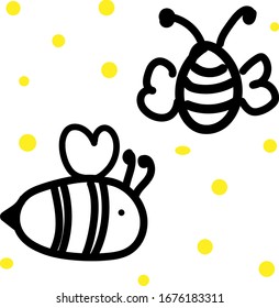 Two cute fat little doodle bees. Logo symbol vector outline design illustration isolated on white background. Print for coloring book, t shirt, cup, child clothes. Black cartoon honey insect.